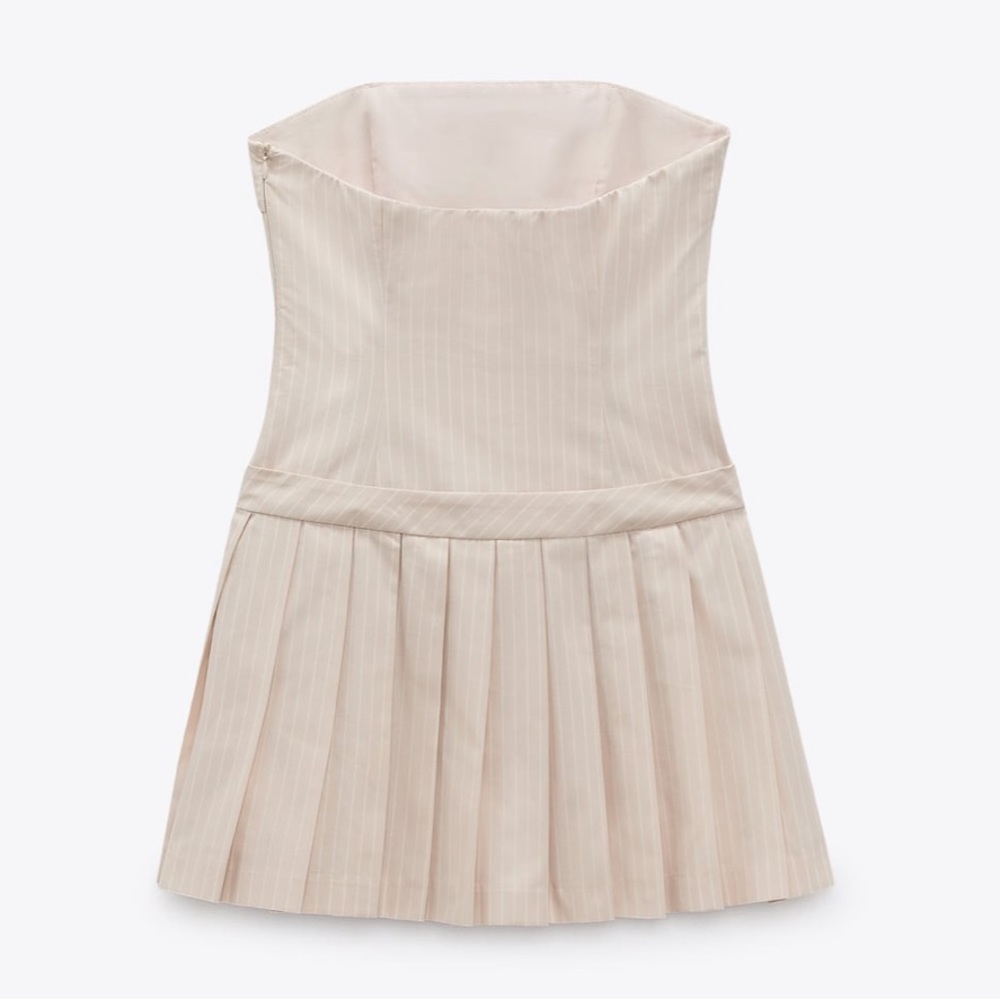 Pinstripe tube pleated mini dress cream / ivory / light nude- strapless - Picture 6 of 11